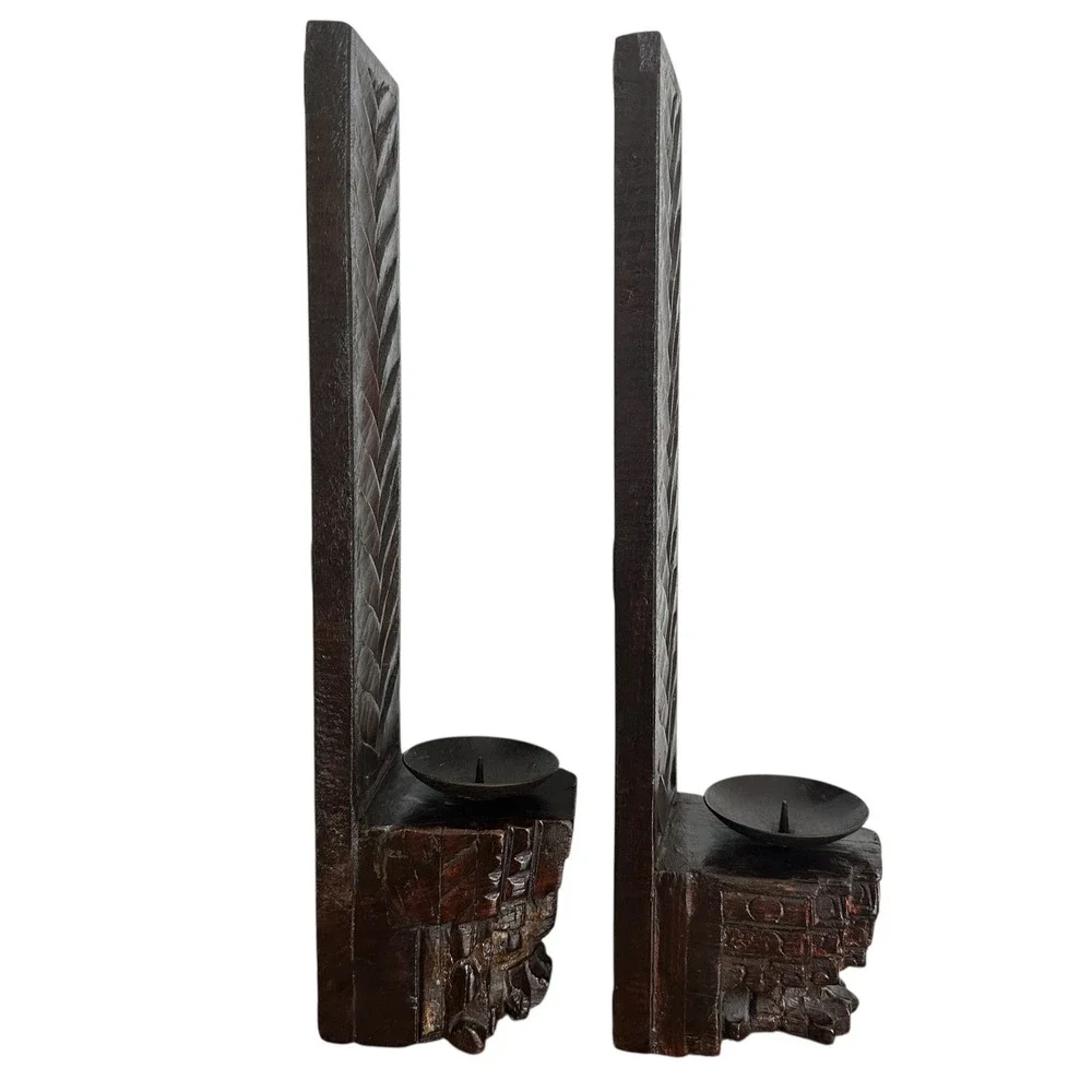 Antique Artisan Candle Holder 16 Inch English Oak Wood Pillars Stained Ferns‎